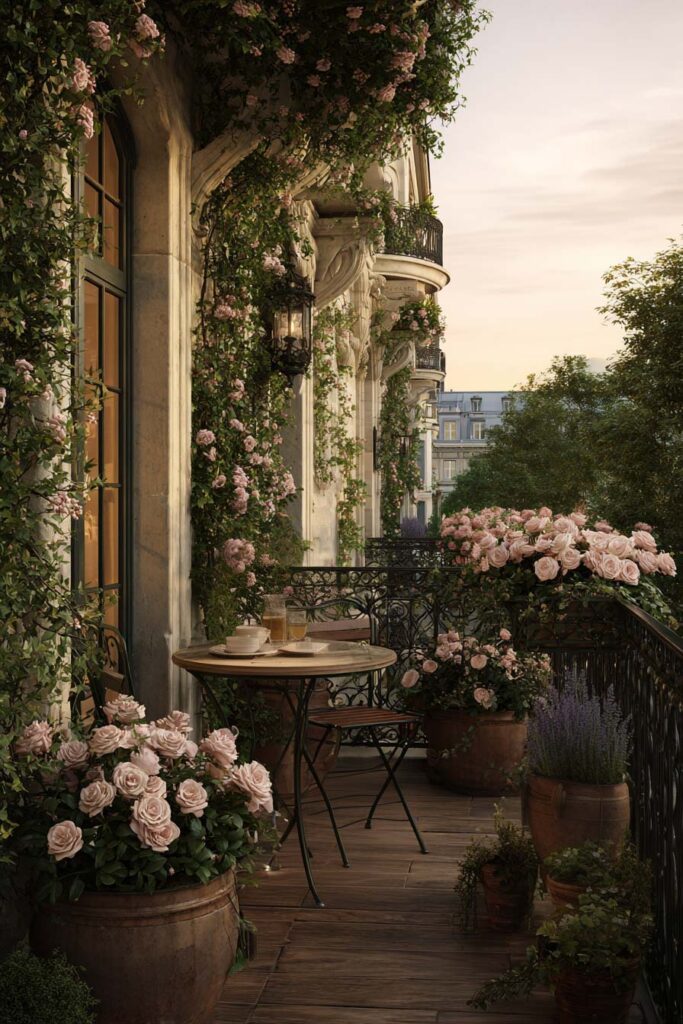 Paris balcony with climbing blush roses, flower-filled planters, terracotta pots, wrought iron railing, café table, and lush hidden garden styling surrounded by historic architecture.