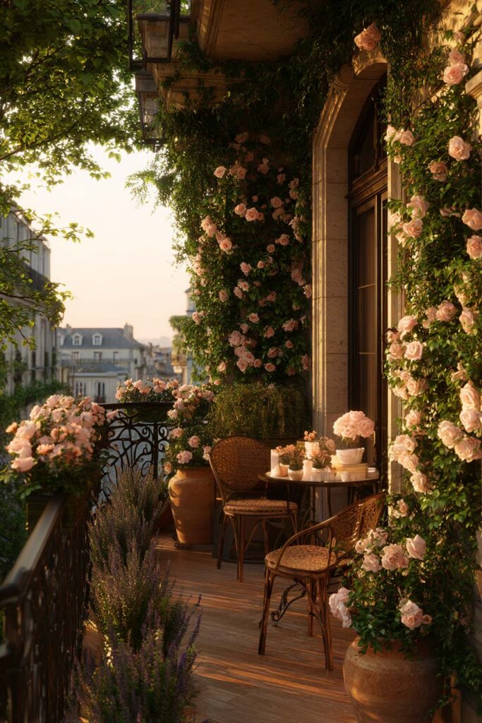 Parisian balcony with climbing roses, lavender, café table, wicker chairs, lush greenery, and romantic French balcony decor at golden hour.