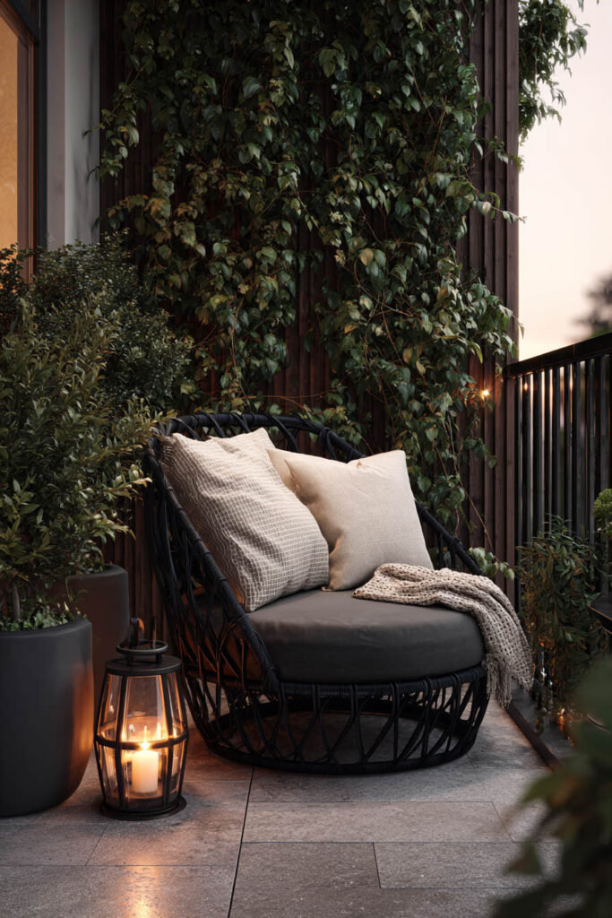 Private moody balcony with cozy lounge chair, lantern candle, climbing vines, lush greenery, and warm evening ambiance.