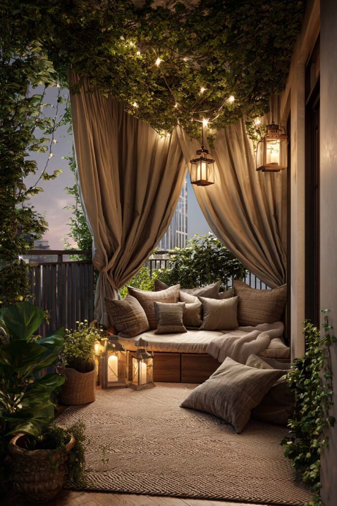 Private balcony retreat with outdoor curtains, lanterns, string lights, lush greenery, cozy daybed seating, and soft neutral decor creating a romantic hidden escape.