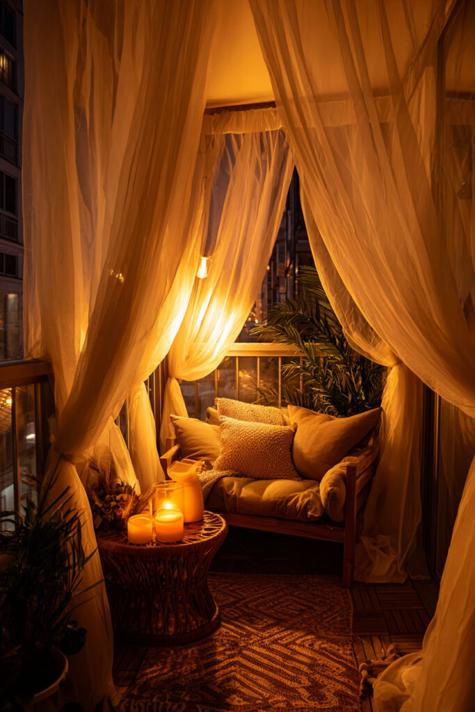 Romantic balcony with sheer privacy curtains, cozy loveseat, candlelight, warm ambient lighting, and intimate outdoor seating area at night.