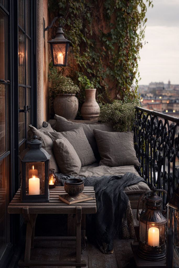 Romantic moody balcony with vintage lanterns, linen cushions, climbing greenery, weathered wood table, and old-world decor