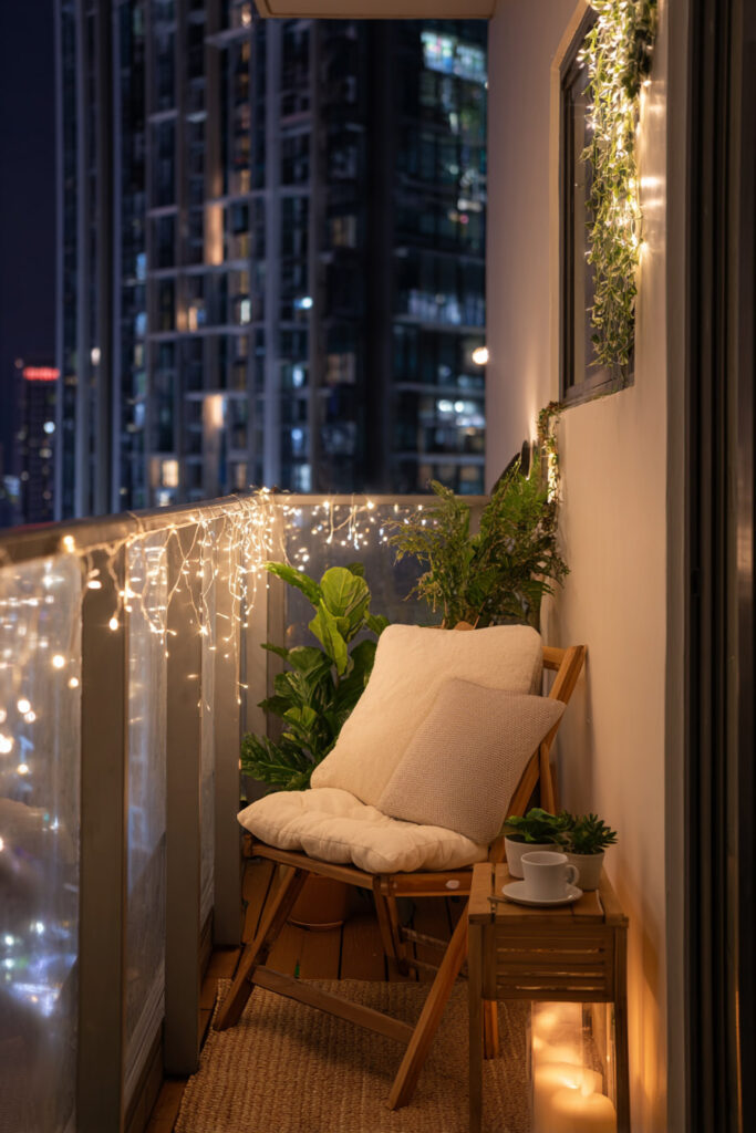 Small apartment balcony with fairy lights, cozy chair, potted plants, candle lantern, and city skyline at night.
