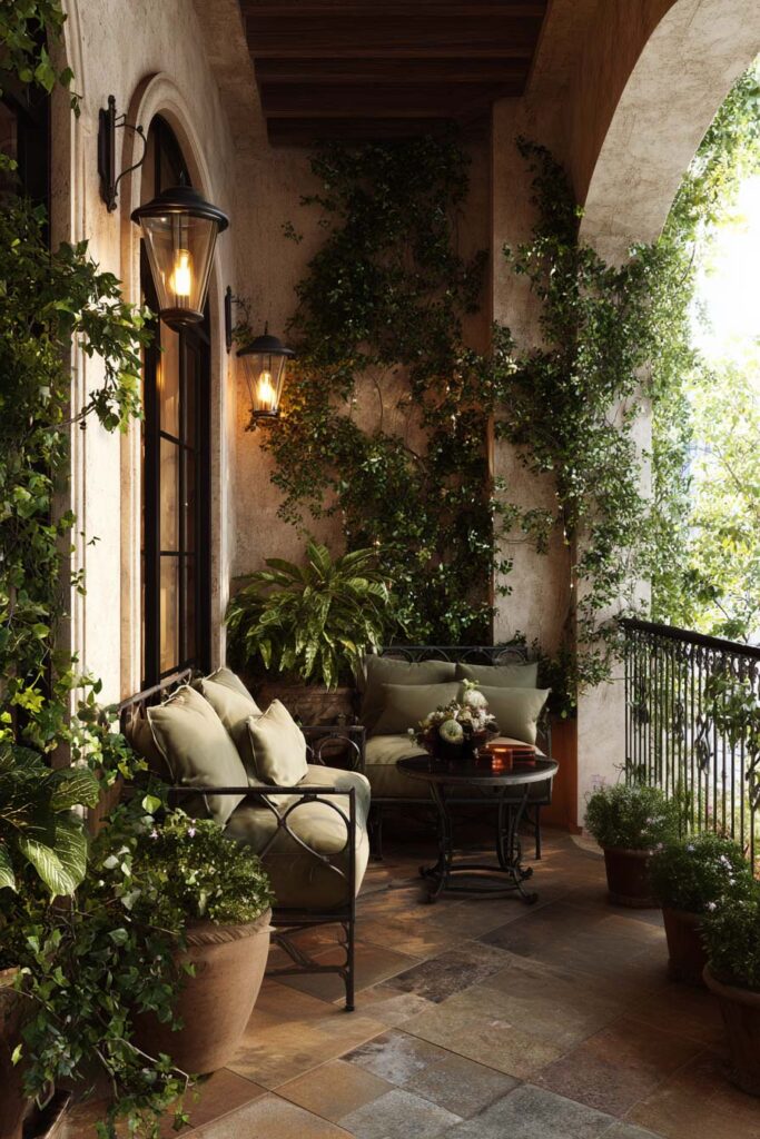 Small Mediterranean balcony with climbing vines, wall lanterns, cushioned seating, terracotta planters, wrought iron furniture, and private outdoor lounge area.