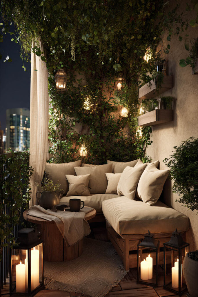 Small romantic balcony with corner seating, lanterns, candlelight, lush greenery, and cozy outdoor lounge styling for evening relaxation.