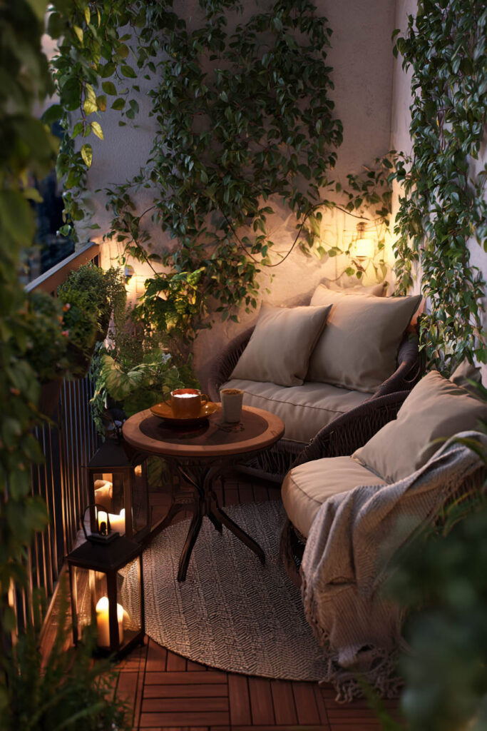 Tiny romantic balcony with cozy lounge chairs, lantern candlelight, climbing plants, small café table, and private garden-inspired atmosphere