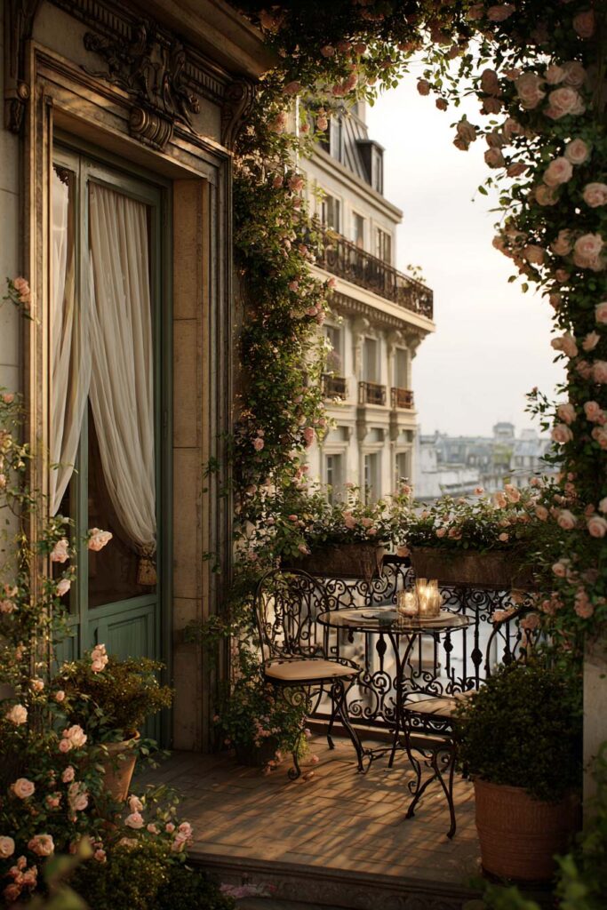 French balcony with climbing roses, wrought iron bistro set, candle lanterns, flower-filled railings, and romantic Parisian architecture