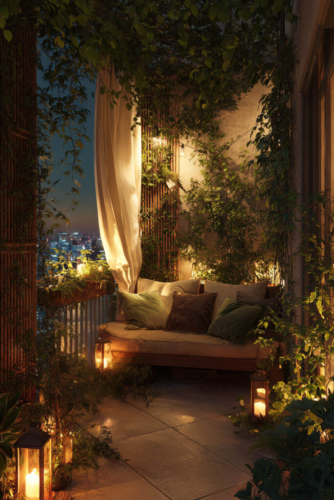 Private romantic balcony with outdoor curtains, lush climbing plants, lanterns, cozy seating, and warm lighting creating a hidden retreat at night.