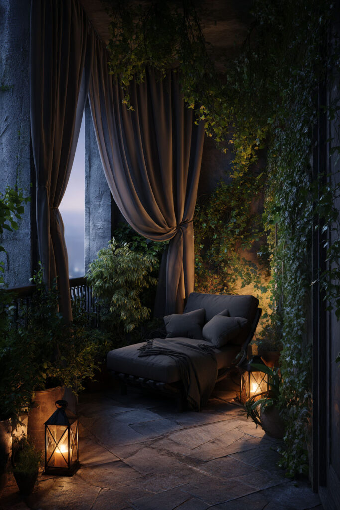 Private moody balcony retreat with outdoor curtains, lantern candles, lounge chair, cascading vines, lush greenery, and warm evening lighting.