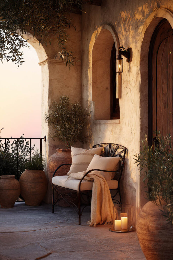 Mediterranean balcony with olive trees, terracotta pots, candlelight, cozy outdoor chair, and warm stucco walls creating a resort-inspired evening retreat.