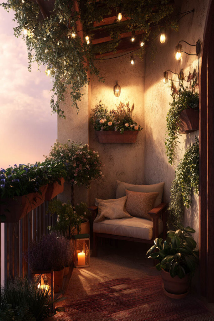 Mediterranean balcony with string lights, wall sconces, candle lanterns, flower boxes, cozy armchair, and warm evening lighting for summer nights.