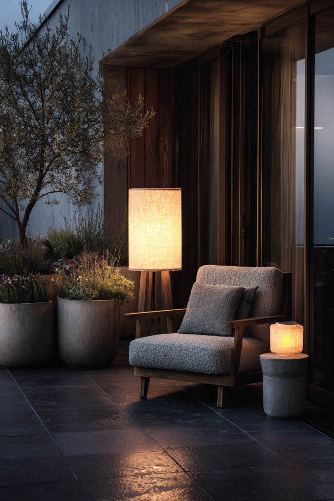 Moody apartment balcony with statement floor lamp, cozy lounge chair, warm ambient lighting, and modern outdoor decor.