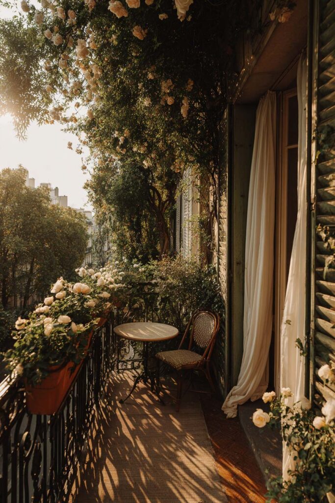 Paris balcony with climbing roses, flower-filled railing planters, café table, woven bistro chair, flowing curtains, and hidden garden styling in warm golden evening light.