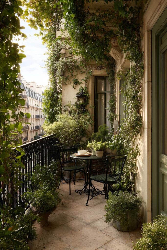Parisian balcony covered with climbing vines, potted greenery, black bistro table and chairs, and classic French architecture creating a romantic garden balcony.