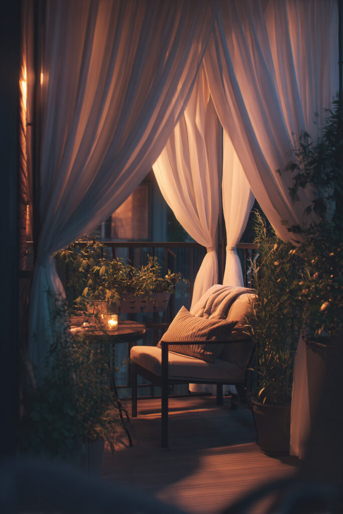Private balcony with sheer curtains, cozy chair, plants, and warm evening lighting creating a relaxing outdoor retreat.