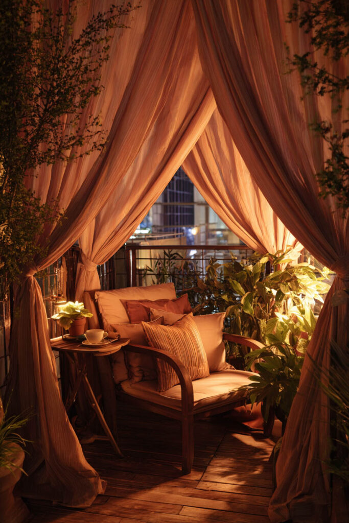 Romantic balcony retreat with sheer privacy curtains, cozy lounge chair, warm ambient lighting, potted plants, and intimate nighttime seating area.