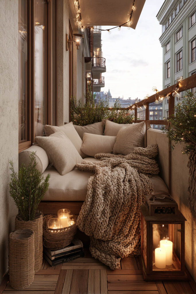 Romantic small balcony with soft cushions, chunky knit blanket, lanterns, candlelight, and string lights for cozy evenings outdoors.