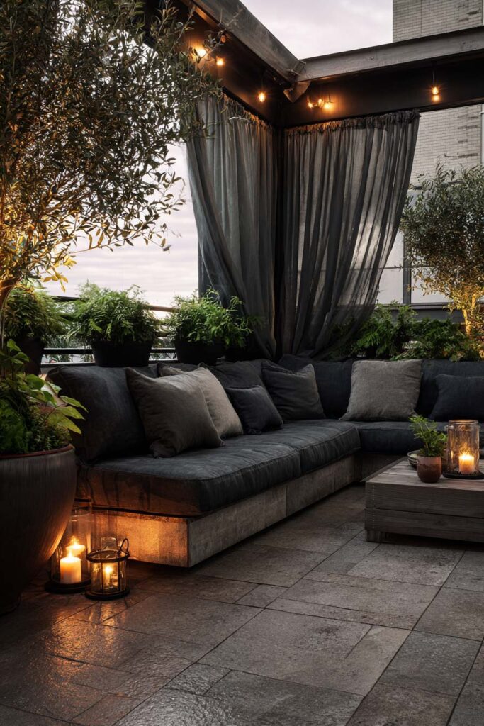 Romantic moody balcony with privacy curtains, cozy sectional seating, candle lanterns, layered greenery, and warm evening lighting