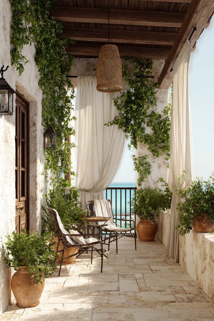 Small Mediterranean balcony with white curtains, terracotta pots, climbing vines, wrought iron chairs, rustic wood beams, and coastal ocean view.
