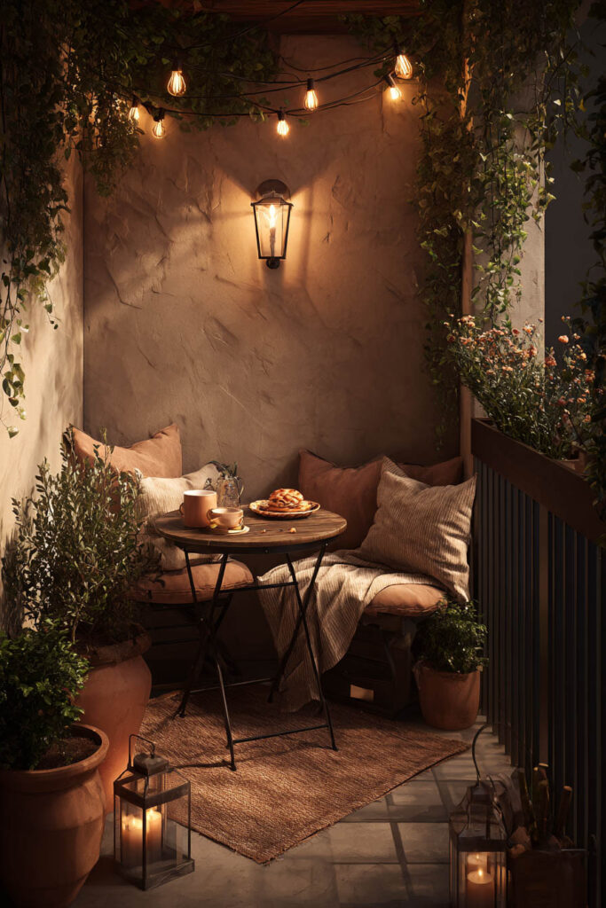 Tiny romantic balcony café with cozy built-in seating, lantern lighting, terracotta planters, small bistro table, and lush greenery