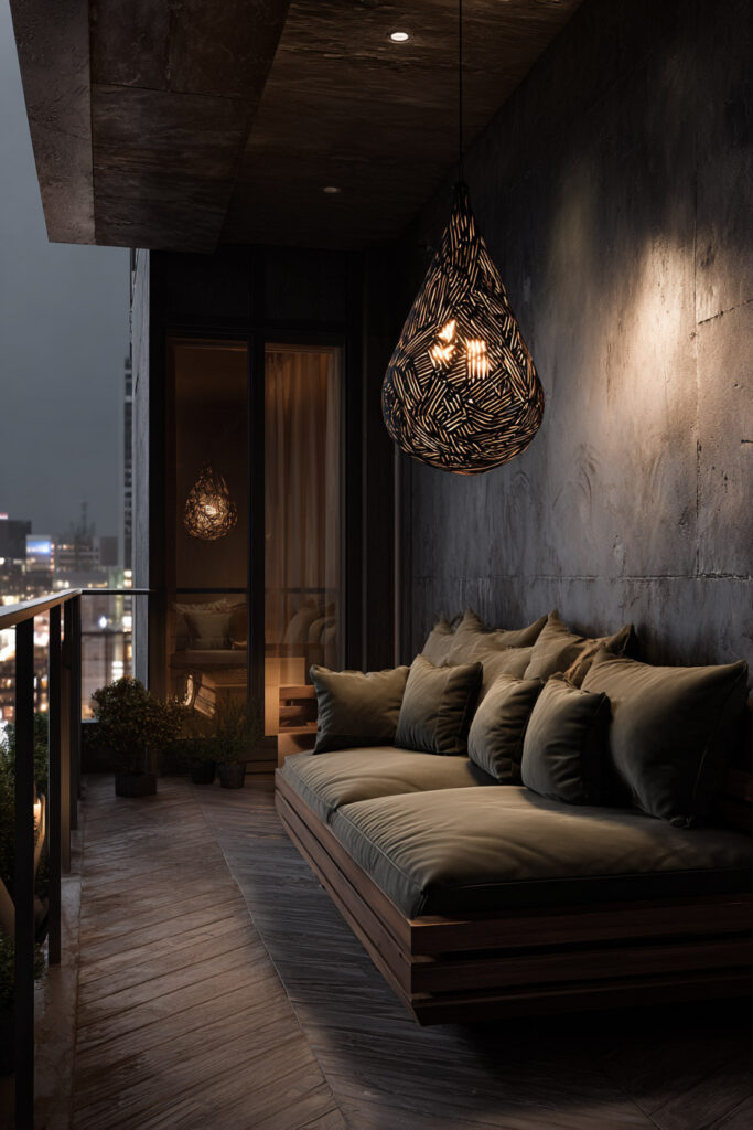 Dark apartment balcony with oversized statement pendant light, cozy built-in seating, moody lighting, and modern urban design.