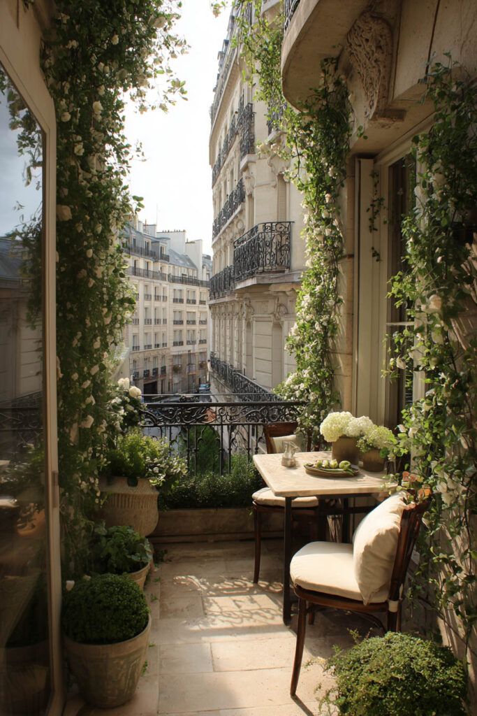 French balcony with climbing white roses, outdoor dining table, wrought iron railings, and classic Parisian apartment views