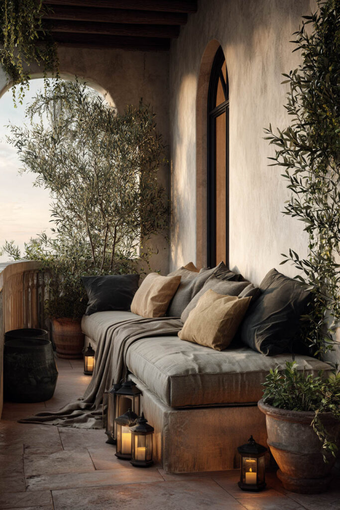 Mediterranean balcony with olive trees, lanterns, built-in lounge seating, terracotta planters, and layered greenery creating a resort-inspired outdoor retreat.