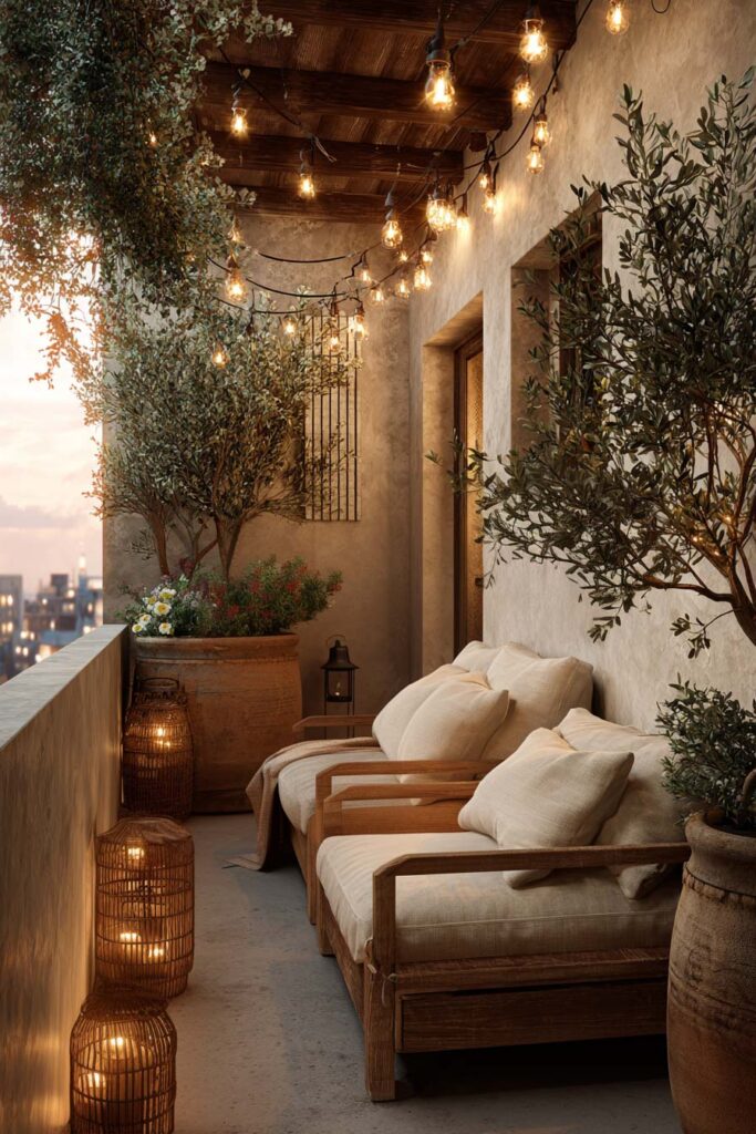 Mediterranean balcony with string lights, woven lanterns, olive trees, terracotta planters, outdoor lounge seating, and warm evening lighting.