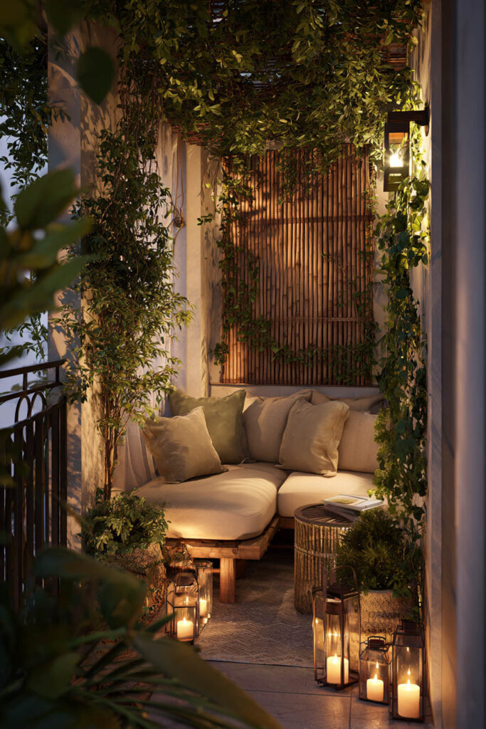 Private balcony retreat with bamboo privacy screen, lanterns, climbing plants, cozy corner seating, and warm lighting creating a secluded outdoor escape.