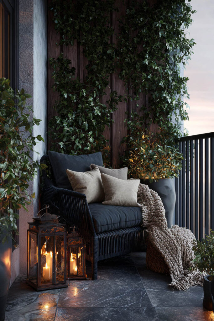 Private moody balcony with cozy lounge chair, lantern candles, climbing vines, plush cushions, and warm ambient evening lighting.
