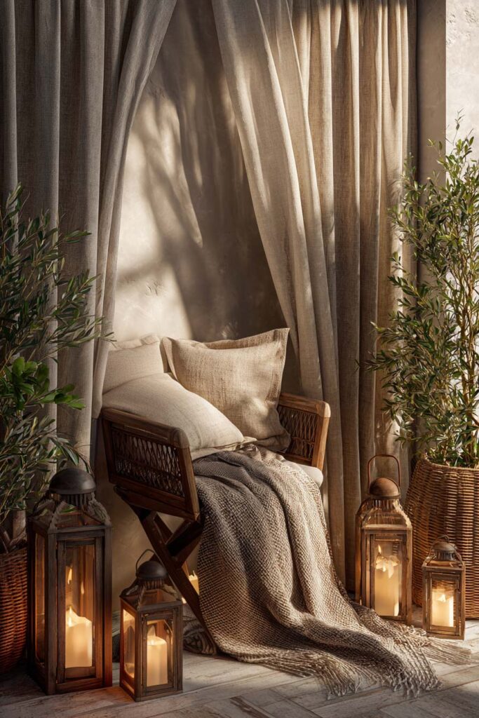 Romantic balcony chair with soft linen curtains, lantern candlelight, woven textures, and neutral decor for cozy evenings outdoors.
