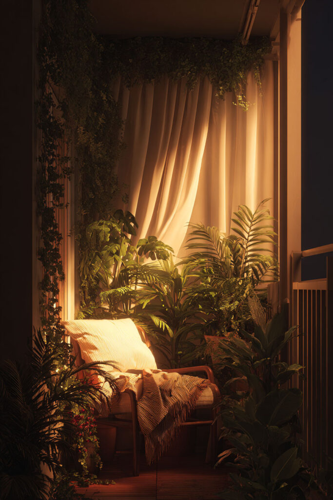Romantic balcony with privacy curtains, warm backlighting, lush tropical plants, cozy lounge chair, and ambient evening lighting creating a secluded retreat.
