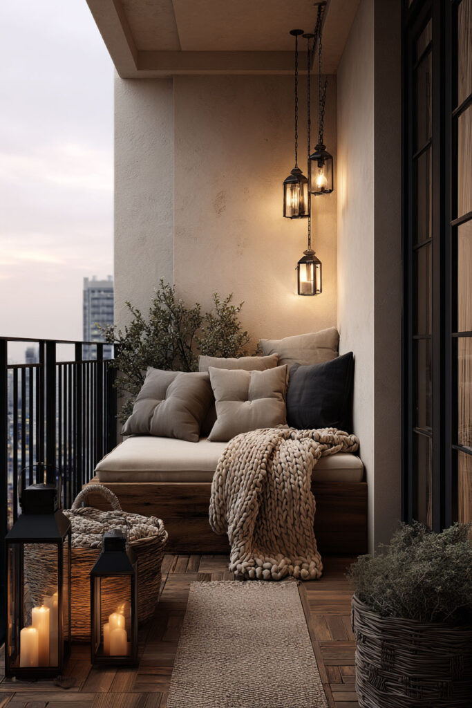 Romantic balcony with soft textured cushions, chunky knit blanket, lantern lighting, woven decor, and cozy neutral outdoor seating
