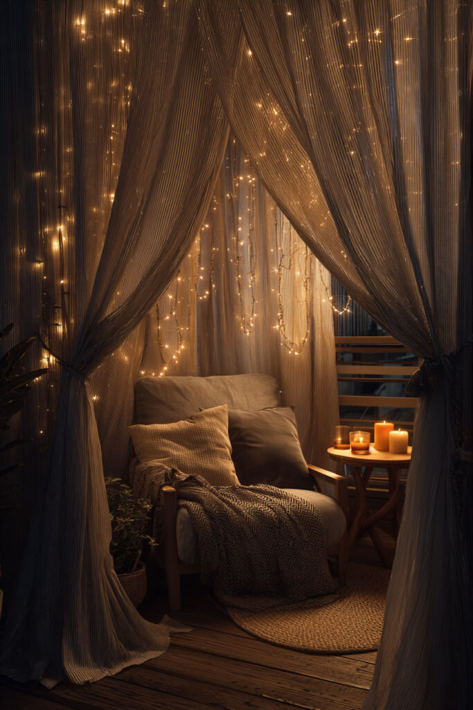 Romantic balcony with sheer curtains, fairy lights, cozy chair, candles, and warm ambient lighting at night.