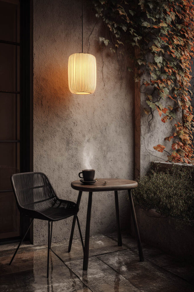 Romantic moody balcony with statement pendant light, café table, black chair, climbing vines, and cozy evening ambiance