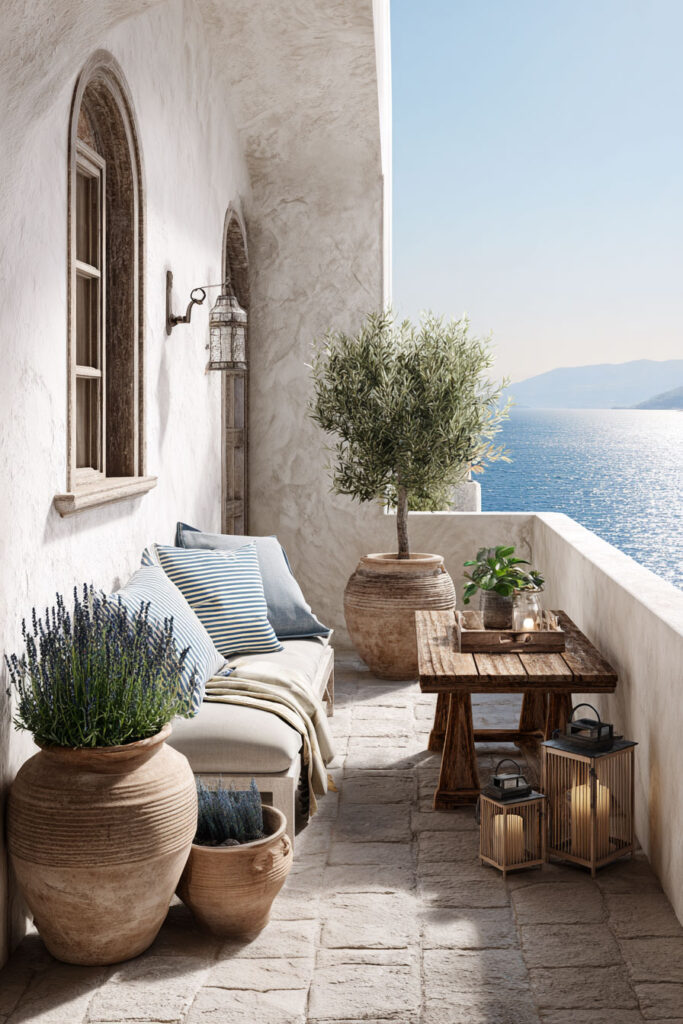 Small Mediterranean balcony with olive tree, terracotta pots, blue striped cushions, rustic wood table, lanterns, white stucco walls, and ocean view.