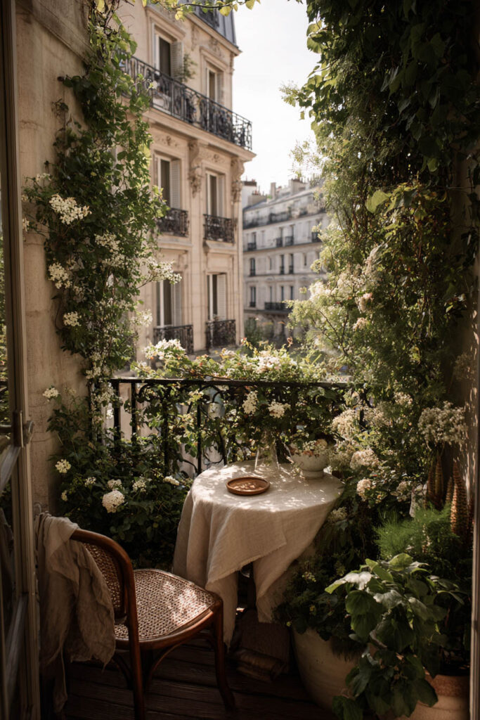 Small Paris balcony with climbing vines, flowering plants, linen-covered café table, woven bistro chair, and lush greenery creating a cozy private hidden garden retreat.