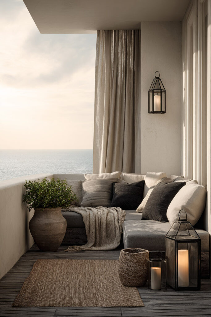 Coastal balcony retreat with lantern candles, neutral cushions, flowing curtains, ocean view, cozy seating, and soft evening ambiance.