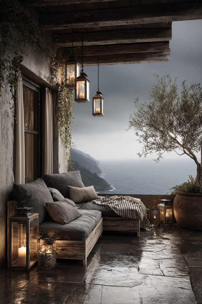 Dark coastal-inspired balcony with lantern lighting, cozy outdoor seating, ocean views, textured cushions, and a moody stormy atmosphere.