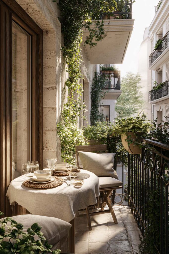 French balcony dining area with linen tablecloth, woven placemats, climbing greenery, wrought iron railing, and Parisian apartment style