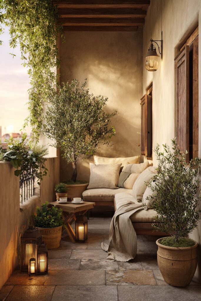 Mediterranean balcony with olive trees, lanterns, cozy outdoor seating, potted greenery, and warm evening lighting creating a resort-inspired retreat.