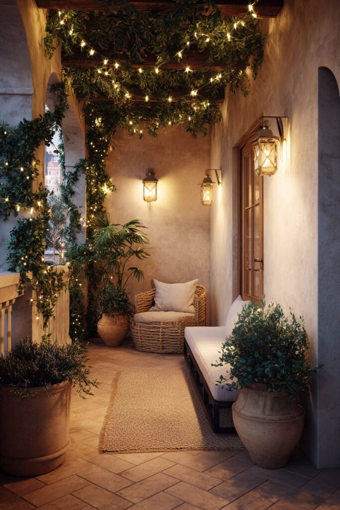 Mediterranean balcony with string lights woven through greenery, wall lanterns, terracotta planters, woven chair, and cozy outdoor seating illuminated at night.