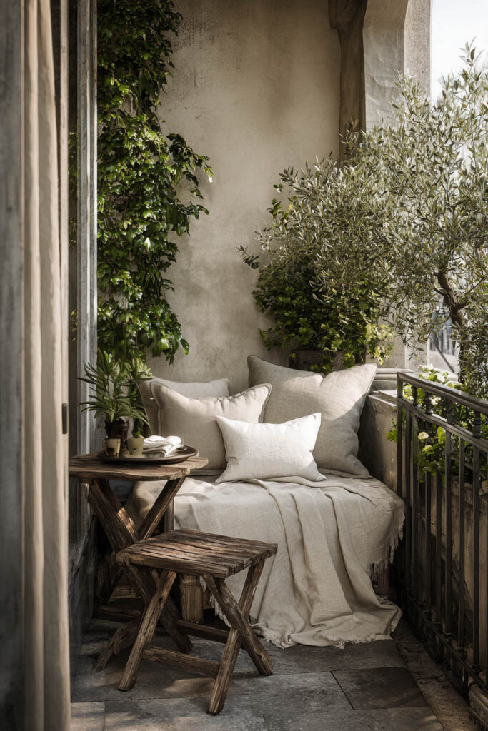 Small Parisian balcony with neutral linen cushions, olive tree, weathered wood furniture, soft beige decor, and elegant European styling.
