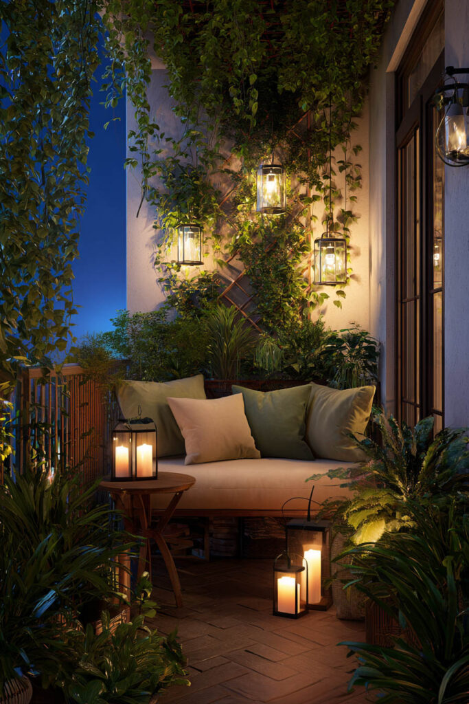 Private balcony retreat with lantern lighting, climbing vines, privacy screen, cozy outdoor seating, and lush greenery creating a hidden outdoor sanctuary.