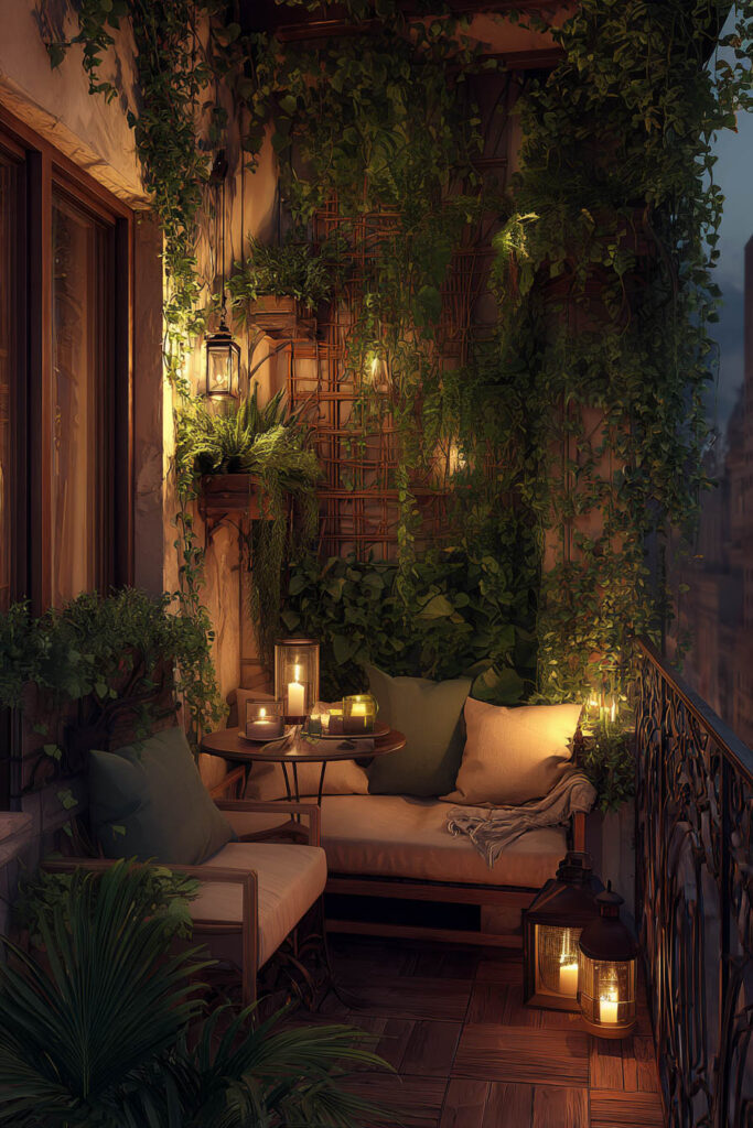 Private romantic balcony with dense climbing plants, lantern lighting, cozy seating, and lush greenery creating a secluded outdoor retreat