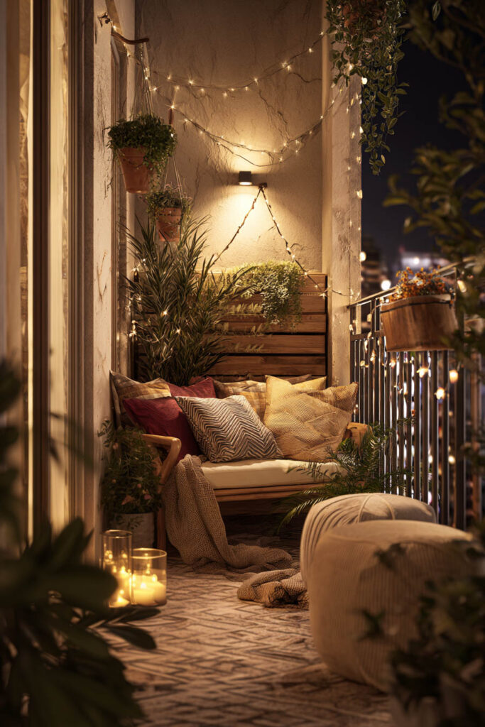 Romantic balcony with fairy lights, candles, cozy seating, decorative pillows, potted plants, and warm ambient lighting at night.