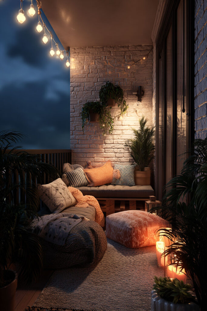 Romantic balcony lounge with string lights, candles, cozy seating, soft cushions, and warm nighttime ambiance.