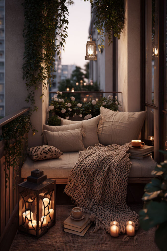 Romantic balcony with cozy cushions, chunky knit blanket, candle lanterns, coffee, books, and greenery for quiet evenings together.