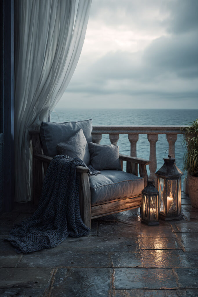 Romantic moody coastal balcony with lantern candlelight, cozy armchair, flowing curtains, ocean view, and stormy evening ambiance