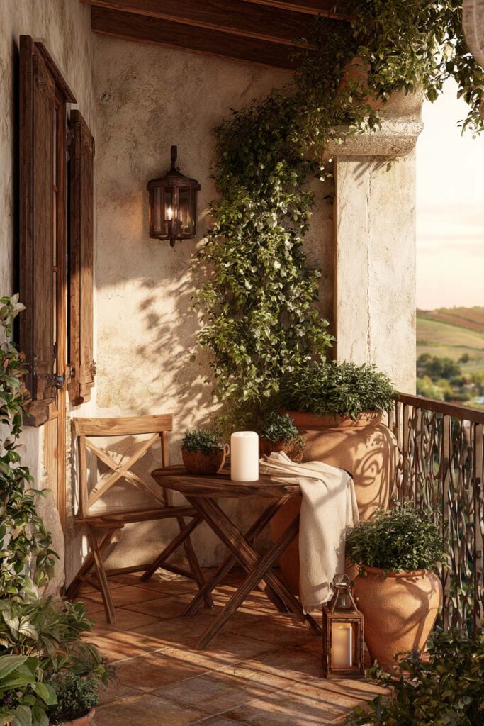 Small Mediterranean balcony with wooden bistro table, terracotta pots, climbing vines, lantern lighting, wrought iron railing, and cozy outdoor retreat styling.